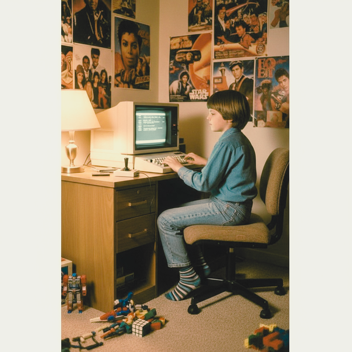 A young boy at a desk in front of a vintage computer with movie posters on the wall behind him